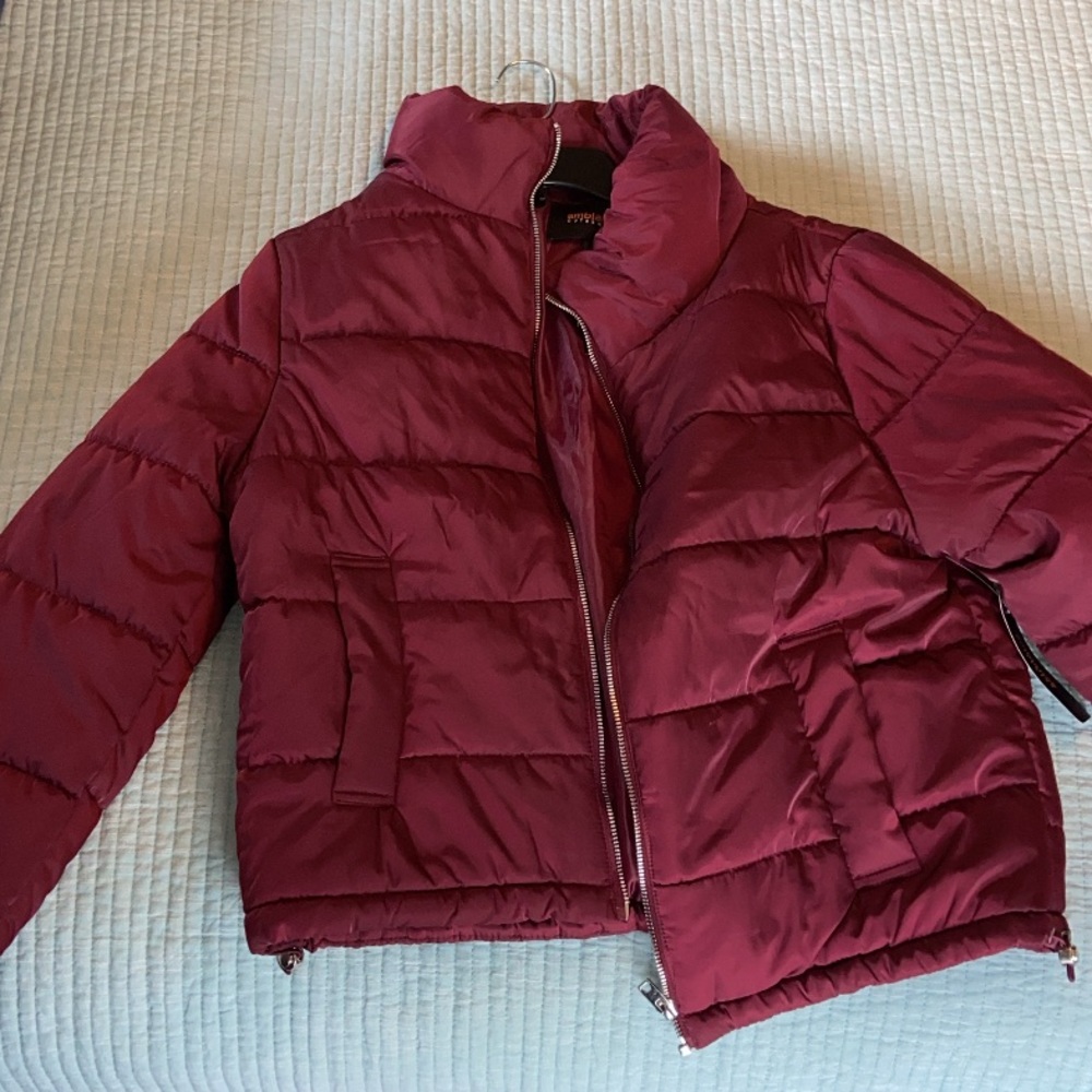 Red or Maroon cropped puffer coat or jacket